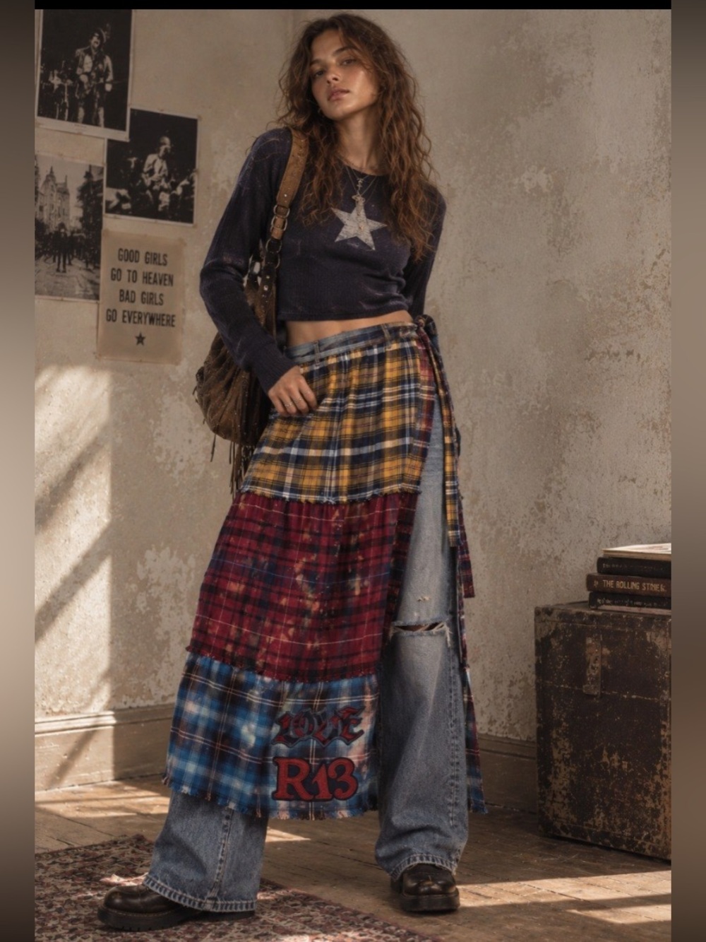 Patchwork Plaid Tiered Maxi Skirt in Yellow, Red & Blue
